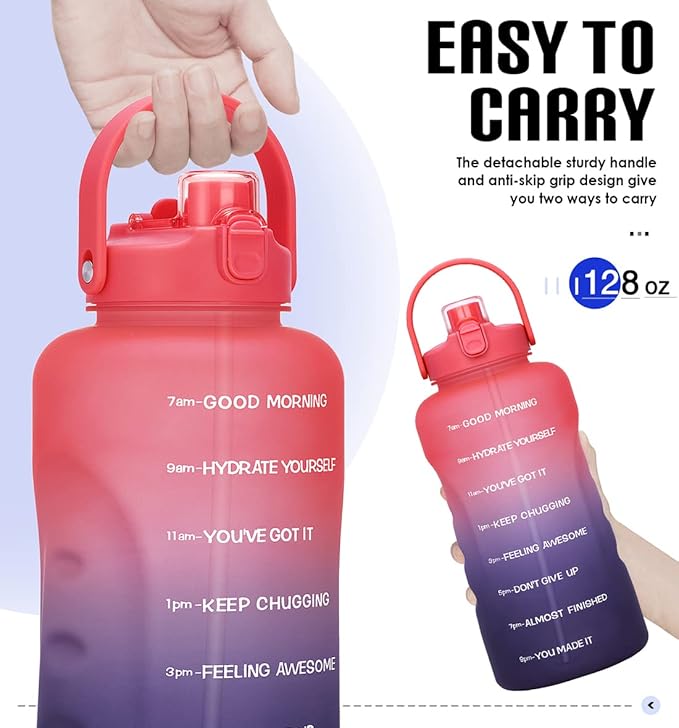 HydroPal 1 Gallon Water Bottles with Straw, 128 oz Water Bottle BPA Free Innovative 2-IN-1 Lid Gym Bottle with Times to Drink Motivational, Large for Sports Fitness Camping Water Jug （13.8X5.5 inch）