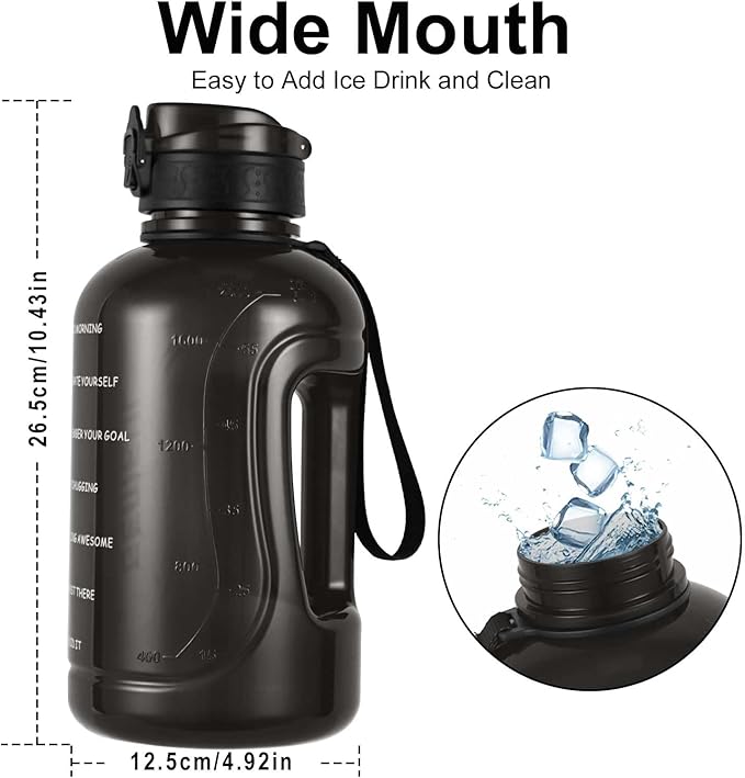 GEMFUL Water Bottle 2L with Time Marker & Handle 64oz Large Motivational Jug for Gym Workouts No Straw Leak Proof BPA Free (Black)