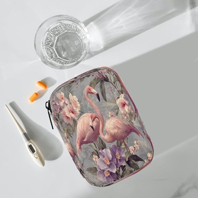 Pink Retro Flamingo Pill Case Travel Pill Organizer Weekly 7 Day Portable with Zipper Medicine Box Pill Case for Vitamins, Birth Control,Fish Oils,Medication, Supplements