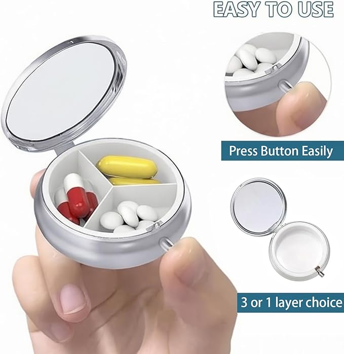 3-Compartment Pill Organizer with Mirror Retro Small Bronze Pill Case for Purse, Floral Design Travel Pill Box for Vitamins, Fish Oil, Supplements | Portable & Compact (Color G, One Compartment)