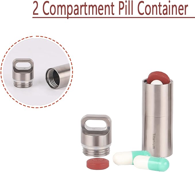Waterproof Pill Holder Necklace, Secret Pill Container Keychain, Titanium Pill Bottle with 2 Compartment, Light Proof Pill Case, Lightweight Travel Pill Organizer for Pocket Purse Handbag