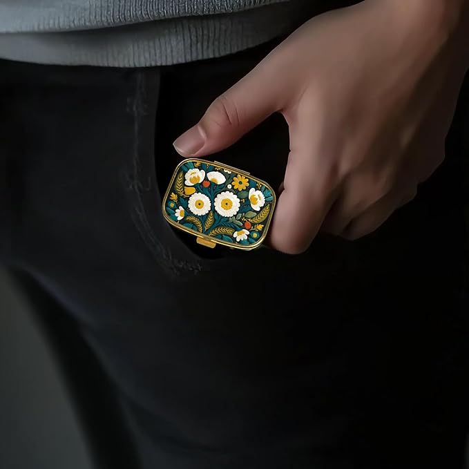 Small Pill Box Pill Case with Mirror Retro Pocket 2 Compartment Pill Holder for Purse or Pocket Bronze Portable Medicine Vitamin Container Fish Oil and Supplement Storage BPA-Free(Daisy)