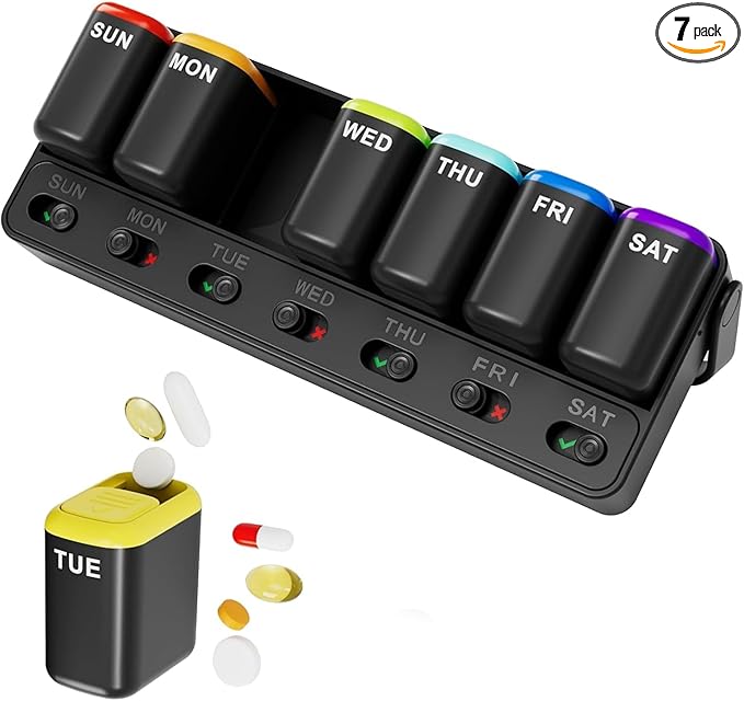 Weekly Pill Organizer, 7 Day Once a Day Pill Box with Visual Check Indicators, Detachable Travel Pill Case, Large Capacity Vitamin & Medicine Organizer (Black)