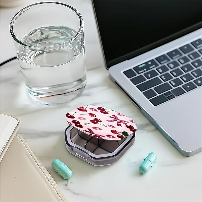 This Portable Pink Cherry Lip Print Pattern 4-Compartment Pillbox Can Be Placed in A Pocket Or Wallet to Store Vitamins, Medicines Fish Oil Health Supplements Other Medications.