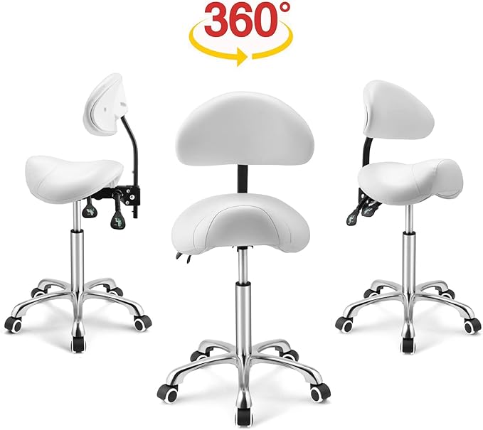 Kaleurrier Saddle Stool Rolling Swivel Height Adjustable with Wheels,Heavy Duty Anti-Fatigue Ergonomic Saddle Chair for Hair Beauty Salon Lab Dental Massage Office Home Kitchen (with Back, White)