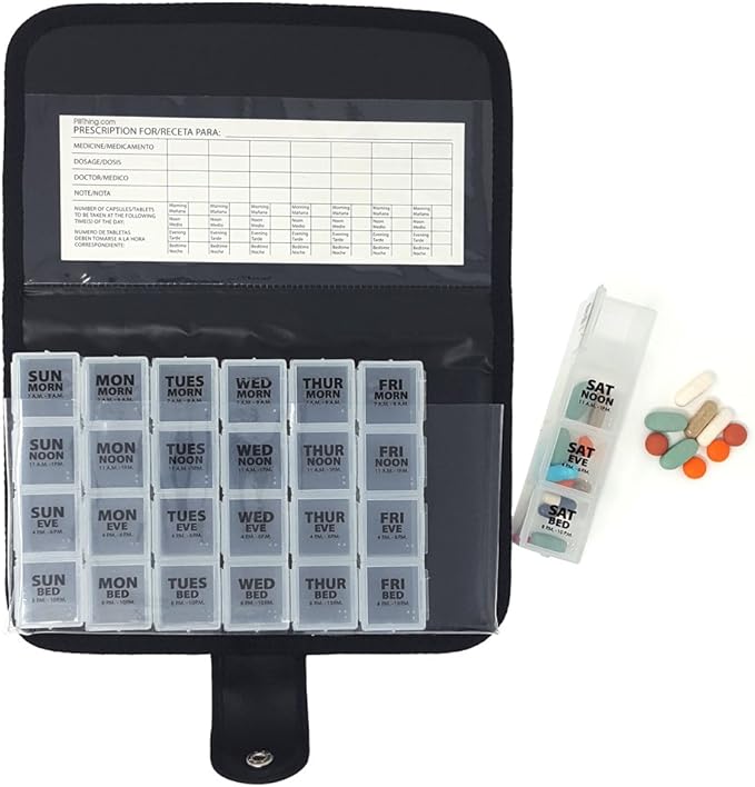 Deluxe Large Weekly 4X a Day Medication Pill Planner Organizer with Case - Each Compartment Holds Approx 30 Aspirins - 7 Day Pill Organizer has Large Removable 4X a Day Pill Boxes - Secure for Travel
