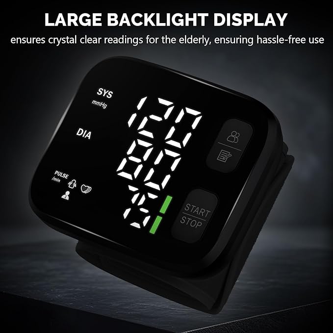 Blood Pressure Monitor LED Backlit Display Automatic Wrist Cuff Blood Pressure Monitors for Home Use 120x2 Reading Memory with Carrying Case, Black