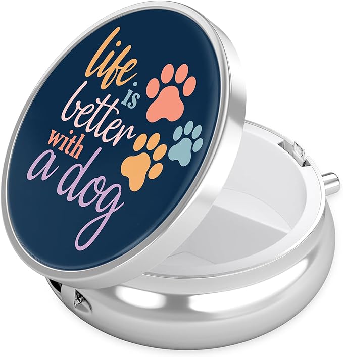Dog Paw Pill Case, Live is Better with a Dog Pill Box 3 Compartments Metal Small Pill Holder with Mirror Mini Travel Pill Container for Purse Pocket Women Men