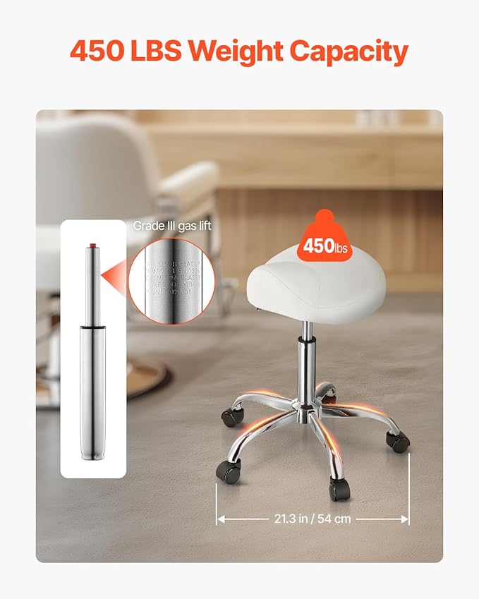 VEVOR Saddle Stool with Wheels, 450 LBS Weight Capacity Ergonomic Rolling Stool, Height Adjustable Thickened PU Leather Swivel Saddle Chair for Salon, Spa, Massage, Tattoo, Clinic, White