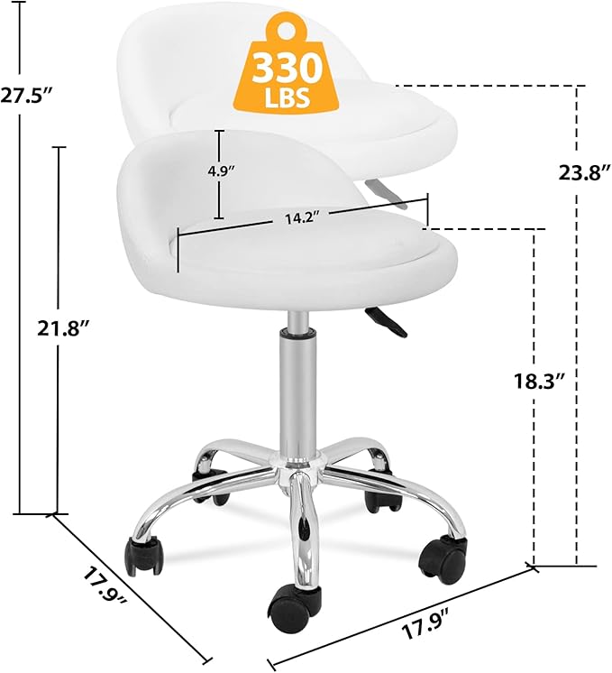 HomGarden Height Adjustable Rolling Swivel Salon Stool, PU Leather Hydraulic Ergonomic Chair with Backrest Wheels for Office Work Tattoo Massage Facial Spa Manicure Dentist Clinic, White