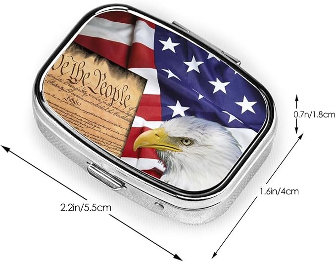 Pill Box 2 Compartment Medicine Pill Case,Portable Medicine Tablet Vitamin Holder Organizer for Purse Pocket Travel Gifts(1 Pack,American Flag Patriotic USA Bald Eagle and Book)