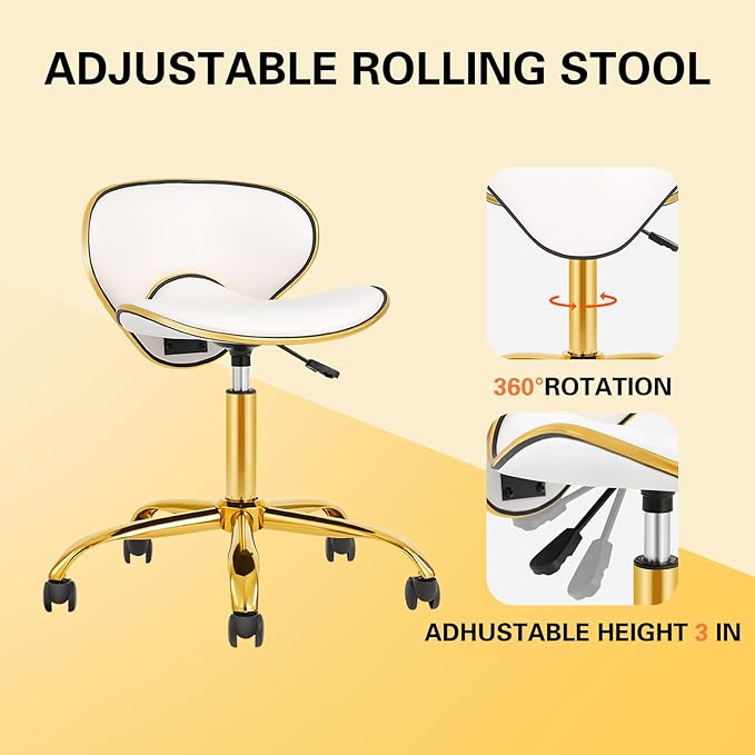 Adjustable Rolling Stool with Backrest, Nail Tech Chair for Salon, Lash, Nail Tech and Hair Stylist, Facial Massage Tattoo Stool with Wheels-White