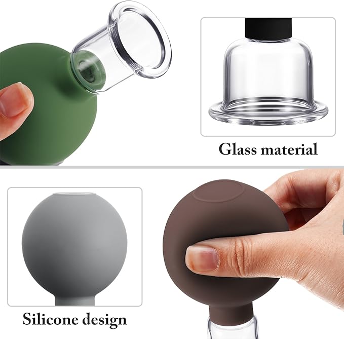 BBTO 4 Pcs Glass Facial Cupping Set Silicone Vacuum Suction Massage Cups Skin Tightening Therapy for Face Body Eyes Back Shoulder Pain(Minimalist)