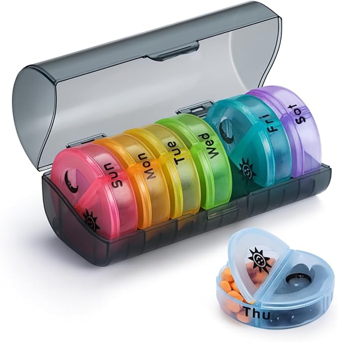 VIGOR PATH 7-Day Pill Organizer with Two Compartments Per Day, Ideal for Pills/Vitamins/Fish Oil/Supplements Storage, BPA-Free and Easy to Clean (Black - Colorful)