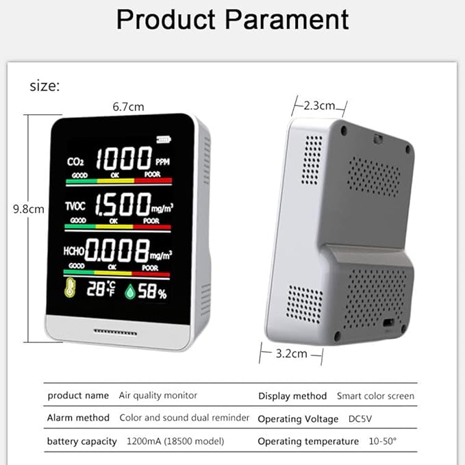 Air Quality Monitor 5 in 1 CO2 HCHO TVOC Carbon Dioxide Detector Temperature Humidity Gas Analyzer Type-C USB Charging Real Time Sound/Light Alarm for Indoor Home Office Warehouse Laboratory