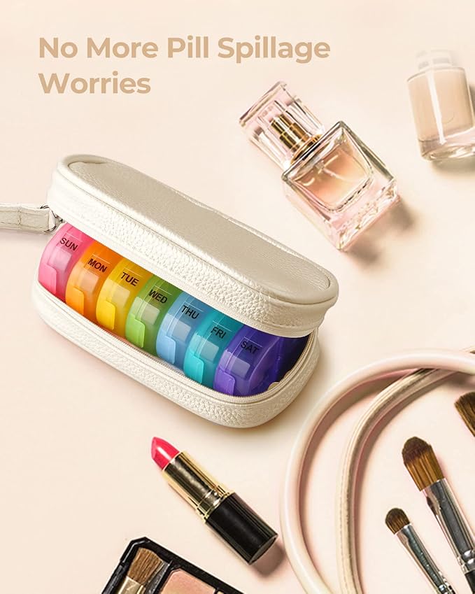 Cute Pill Organizer 2 Times a Day, PU Leather Pill Case for Women, Portable Weekly Pill Box for Purse with Storage Bag to Hold Vitamins, Medications, Fish Oils, Supplements (Beige)