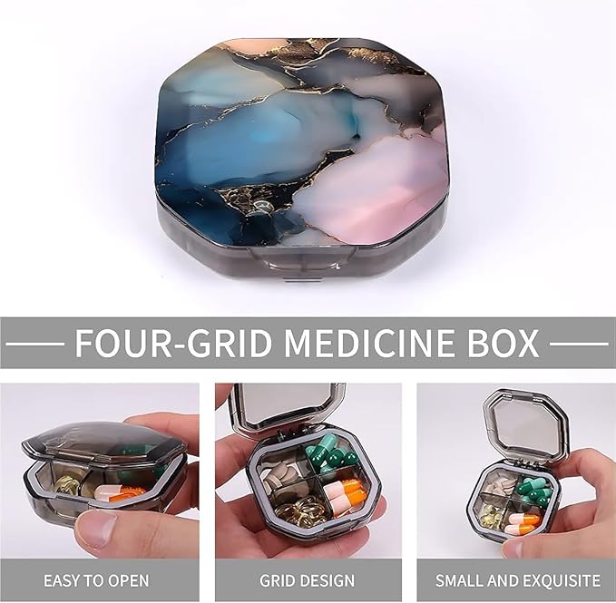 This Portable Abstract Marble Pattern 4 Compartment Pill Box Can Be Placed in A Pocket Or Wallet to Store Vitamins, Medicines Health Supplements Other Medications.