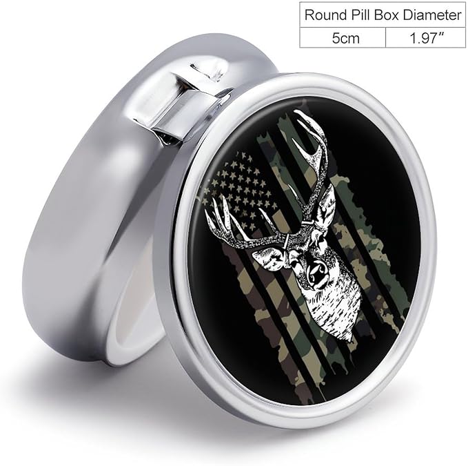 Round 3 Compartment Pill Box, Decorative Travel Pill Case, Moistureproof Daily Cute Pill Box Suitable for Women Men Compatible with Camo Camouflage American Flag Hunting Cool Deer Black