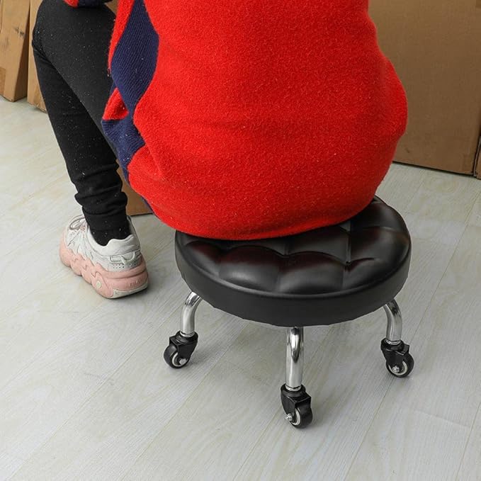 Pedicure Stool Low Roller Seat,Swivel stools Round Stool with Wheels, Black Low Chair with Wheels,PU Leather (Black StyleB)