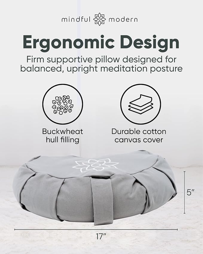 Mindful & Modern Large Meditation Cushion | Zafu Yoga Bolster Meditation Floor Pillow Seat | Buckwheat Hull Filled Crescent Shaped Cushion with Removable Washable Cover + Carry Handle | Grey