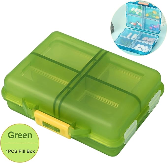 Small Travel Pill Box Organizer, 8 Compartment Pill Case Planner, Portable Folding Daily Medcine Container Capsule Dispenser for Storage Medication, Meds, Vitamin, Fish Oil, Supplement, Green