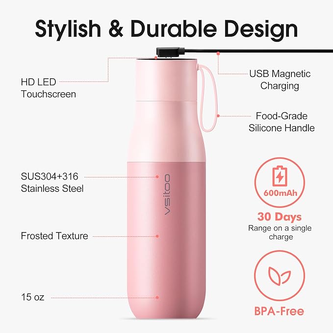VSITOO 15oz Mini Smart Water Bottle，Self-Cleaning Insulated Bottle, Small Thermoses with AI, App & Touchscreen, Perfect Purse Water Bottle for Travel, Gym & Office, Pink