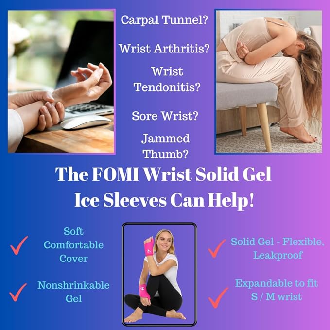 FOMI Wrist Solid Gel Ice Packs | 2 Pack | Hot Cold Hand and Thumb Compression Sleeve Wrap for Carpel Tunnel, Arthritis, Tendonitis, Bruises, Swelling, Sports Injuries Pain Relief (Small/Medium)