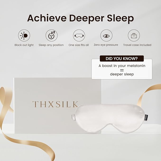 THXSILK Sleep Mask 100% 25 Momme Pure Mulberry Silk Super Smooth Cooling Sleep Eye Mask Blackout for Women/Man/Kids, Eye Cover with Wide Head Strap for Good Night Sleep, White