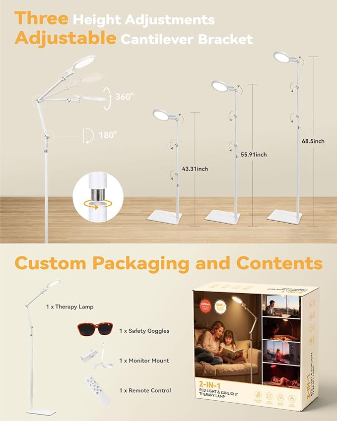2-in-1 Light Therapy Lamp, 670nm Red Light Therapy Lamp for Sleep & 12000 Lux Happy Light Sun Lamp, Sad Lamp Floor Lamp with Remote Timer, Eye-Safe UV-Free, 9 Colors 10 Brightness for Bedroom Office