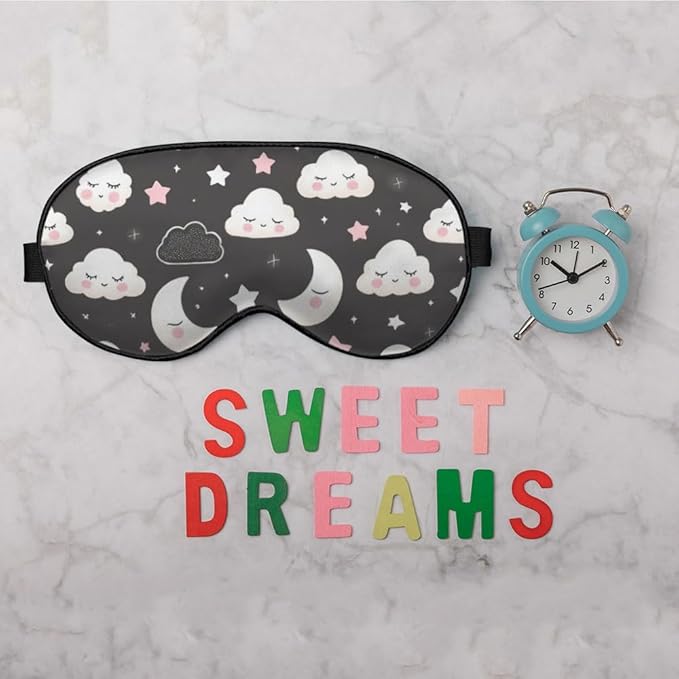 Grey Night Sleep Eye Mask Eye Cover Cute Cartoon Clouds Moons White Pink Silk Eye Mask for Sleeping with Adjustable Strap for Travel Nap Shift Work Office
