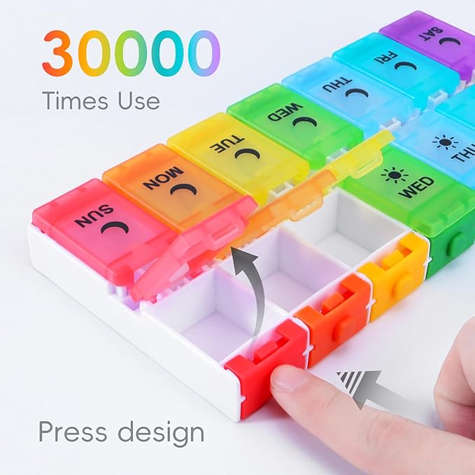 Weekly Pill Organizer, 7 Day AM PM, Push Button Design, Rainbow Colors, BPA-Free Medicine Container for Vitamins, Fish Oil, Supplements