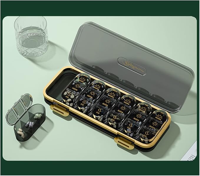 Weekly Pill Organizer/ Dispensers, 3 Times A Day, 7 Day Large Compartments Travel Pill Container/ Box, Moisture-Proof Medicine Case for Fish Oil Vitamins Pills (Transparent Black)