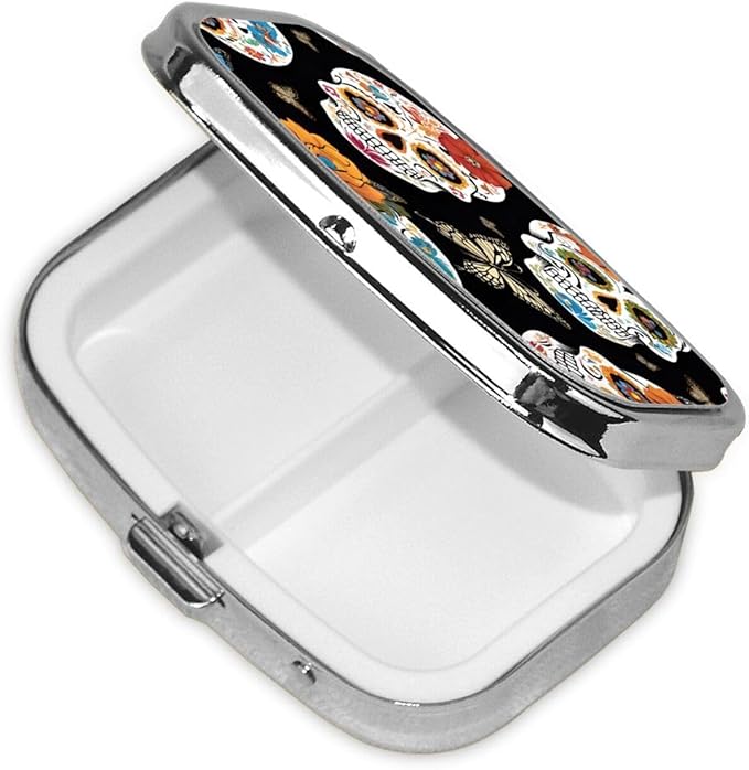 2 Pcs Square Pill Box with 2 Compartment Small Pill Organizer Portable Pill Case Vitamin Containers, Travel Essentials 2.2 x 1.6 x 0.7 inches - Sugar Skulls
