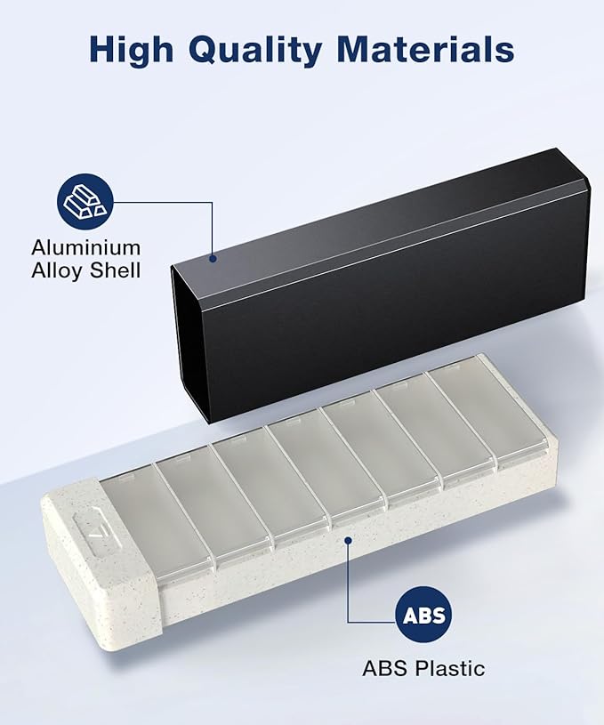 HEIYING Pill Organizer with Aluminum Shell for One Week Capacity, Portable 7 Compartments Pill Box Container to Hold Vitamin, Medicine, Supplements