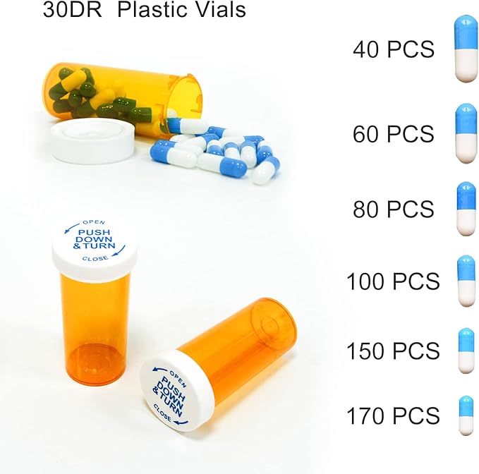 Pill Bottles with Child Resistant Cap, Prescription Vials - Push Down and Turn - Empty Medicine Plastic Containers Safety Cover for Personal Medication & Pharmacy (30dram, Amber, 12pcs)