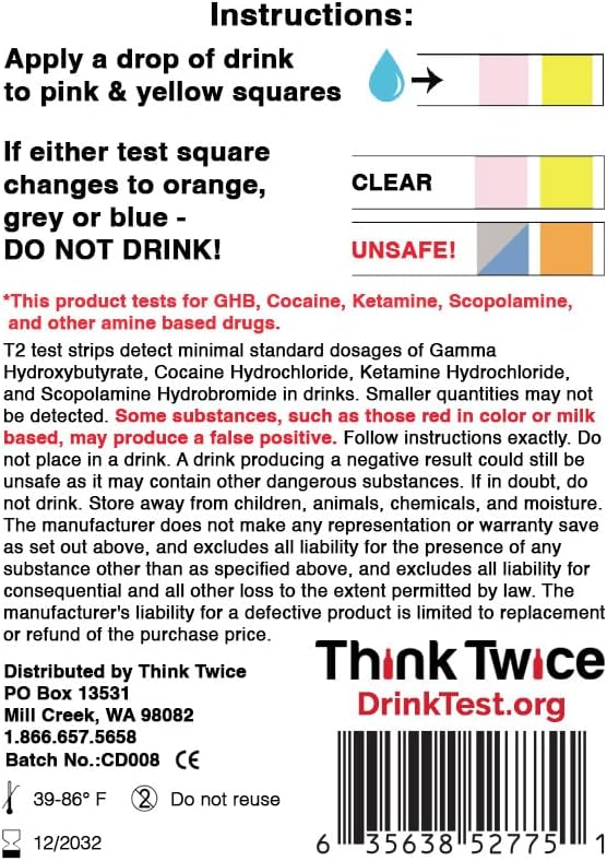 Think Twice Test Strips - Detect Ketamine - GHB - Scopolamine - Cocaine - 2 Resealable Packets - Each Contain 5 Tests - Prevent Drink Spiking