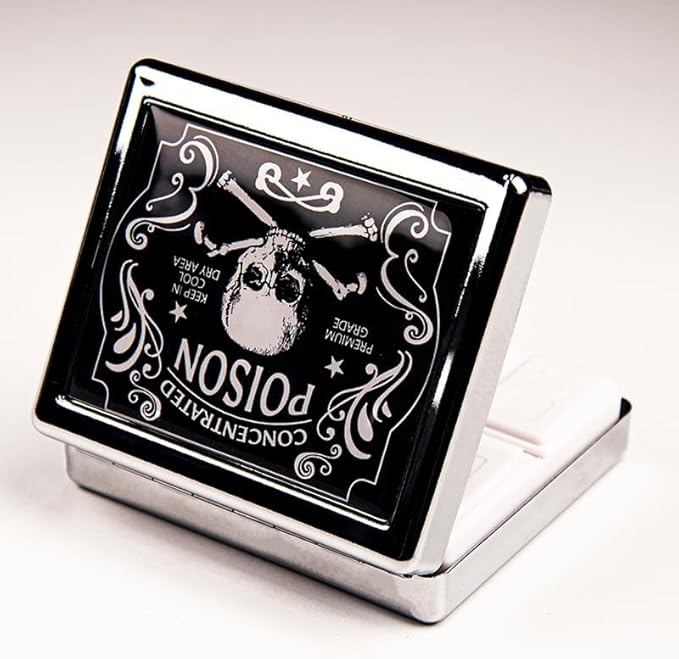 Concentrated Poison 7 Days Chromed Shiny Silver Pill Organizer with Mirror Inside Has 8 Separate Compartments Rectangle 7 Days Pill Box Pill Case