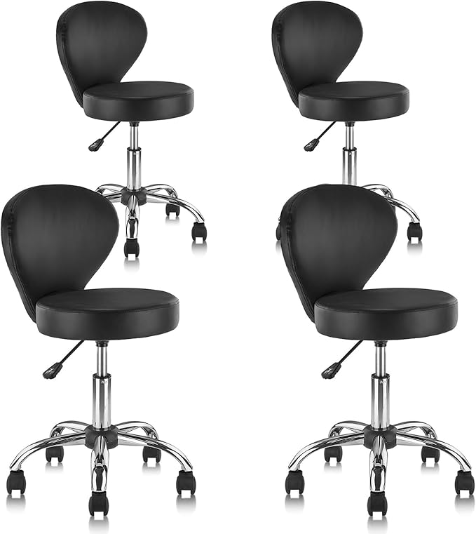Leather Rolling Salon Stool with Back Support and Wheels Adjustable Height Swivel Spa Stools for Office Massage Facial Medical Drafting Tattoo Beauty Barber Lab Doctor Tattoo, Black, 4 Pack