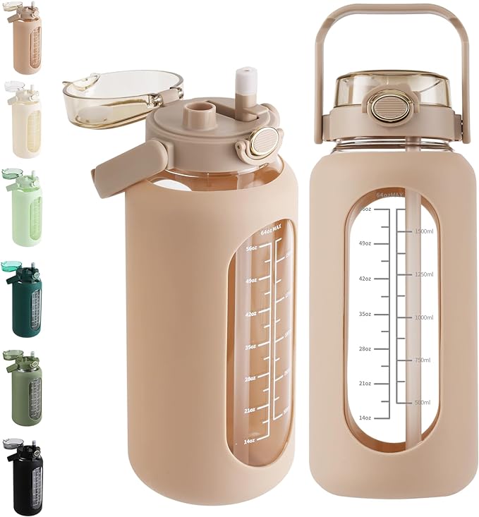 Glass Water Bottle with Straw and Handle Lid Half Gallon Motivational Glass Bottle with Silicone Sleeve and Time Marker Large Reusable Sports Water Jug for Gym Home Workout