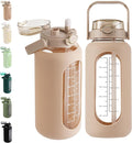 Glass Water Bottle with Straw and Handle Lid Half Gallon Motivational Glass Bottle with Silicone Sleeve and Time Marker Large Reusable Sports Water Jug for Gym Home Workout