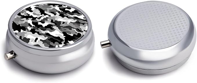 Black Grey White Camo Pill Case Metal Round Portable Pill Box,Waterproof Travel Pills Organizer Vitamins Medicine Storage Box for Travel Or Daily