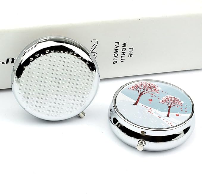 Heart Shaped Leaf Tree Pill Box Travel Pill Case for Purse Pocket Weekly Medicine Organizer with Mirror 3 Compartment Round Medicine Case Portable PillcaseHolder for Daily