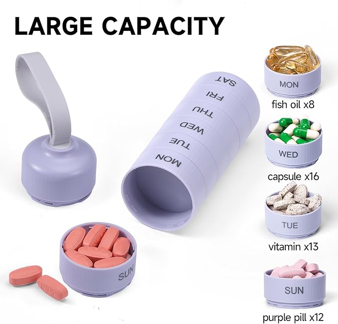 Betife Cute Pill Organizer, Cute Weekly Pill Box for Travel, Cute Daily Pill Case 7 Day, with 7 Large Stackable Compartments, Sturdy ABS Pill Holder for Vitamin Supplement Medicine（Purple）