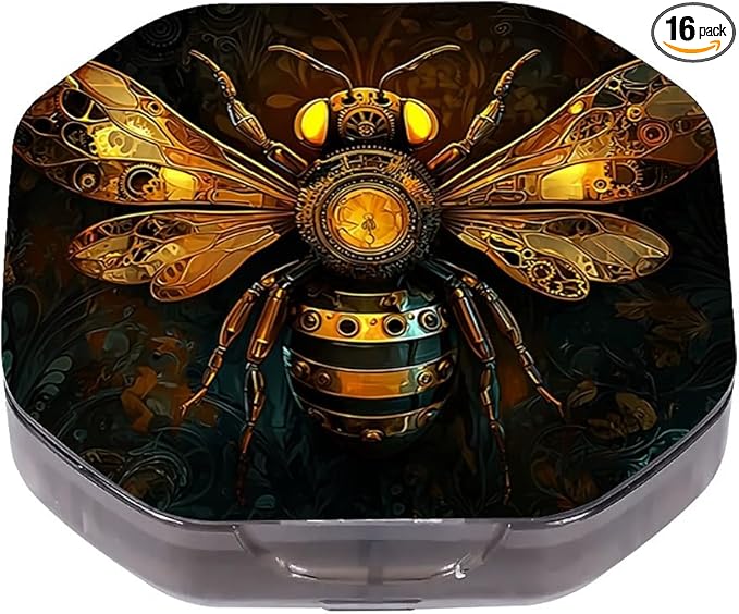 This Portable Mechanical Bee Pattern 4 Compartment Pill Box Can Be Placed in A Pocket Or Wallet to Store Vitamins, Medicines Health Supplements Other Medications.