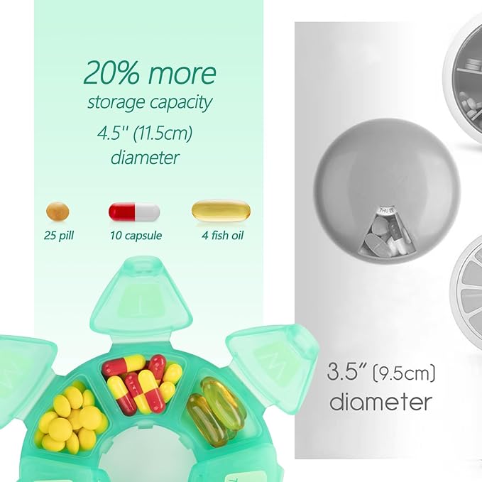 Round Weekly Pill Organizer, Soft-Touch Silicone, Travel Pill Container 7 Day, with 7 Large Compartments, Cute Pill Case with Large Letters and Braille (2 pcs Green Rose)