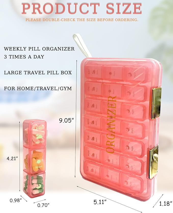 Weekly Pill Organizer 3X a Day, BPA-Free 7 Day Pill Box with Large Capacity for Vitamins, Fish Oils, Supplements, Leak-Proof & Removable Trays for Seniors Travel