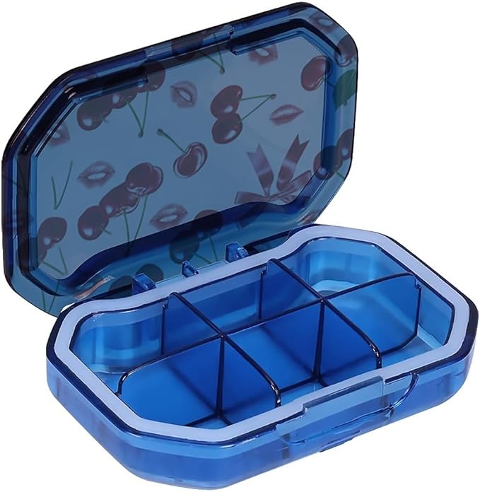 This Portable Pink Cherry Lip Print Pattern 6-Compartment Pillbox Can Be Placed in A Pocket Or Wallet to Store Vitamins, Medicines Fish Oil Health Supplements Other Medications.