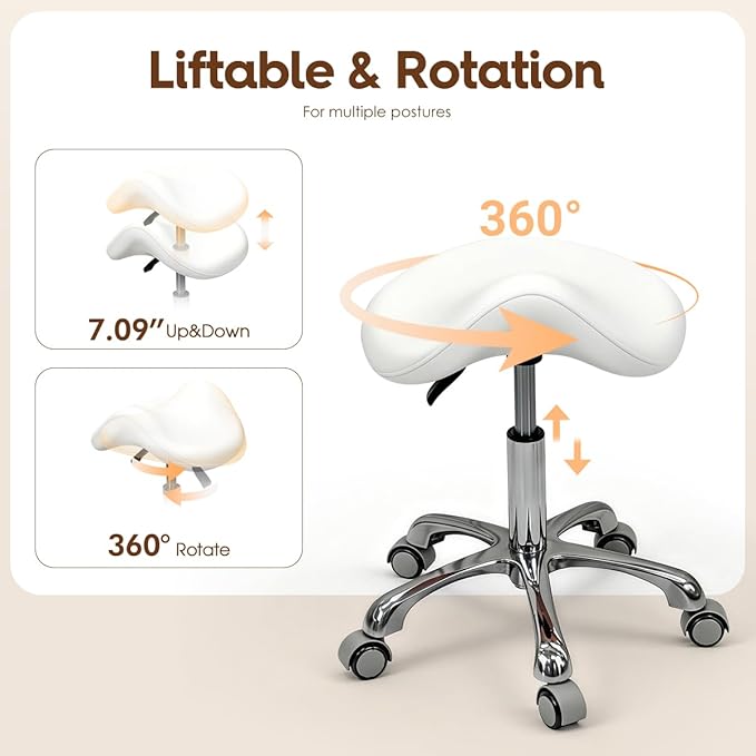 Saddle Stool Rolling Chair for Medical Massage Salon Kitchen Spa Drafting,Adjustable Hydraulic Stool with Wheels (White, Without Backrest)