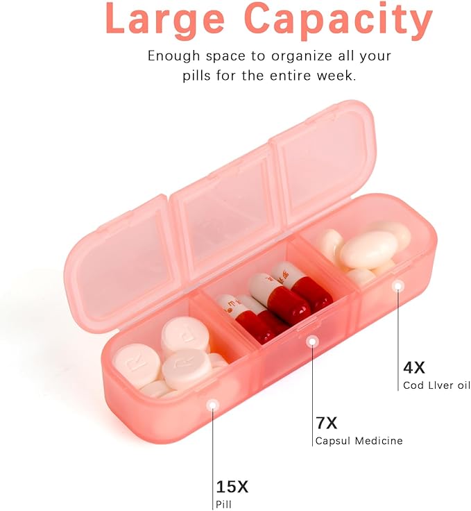 Pill Organizer 3 Times a Day Pink, Weekly Pill Case with Labels, Pill Box Medicine Organizer to Hold Vitamins and Medication | IPX7 Waterproof |21 Independent Sealing Rings