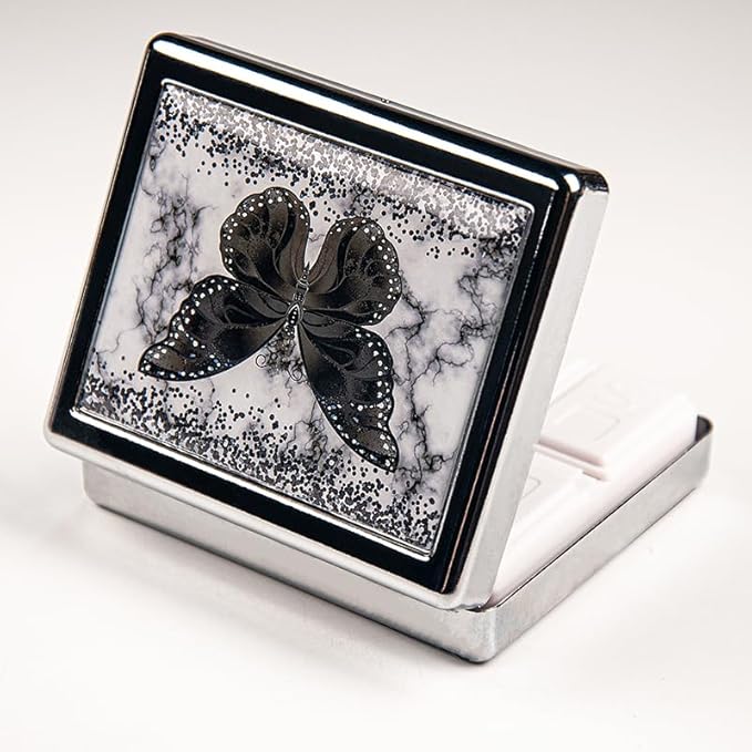 Black Butterfly 7 Days Chromed Shiny Silver Pill Organizer with Mirror Inside Has 8 Separate Compartments Rectangle 7 Days Pill Box Pill Case